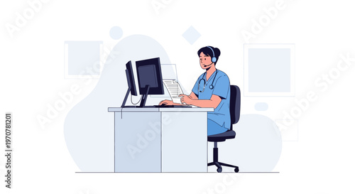 Healthcare professional with headset working on computer, medical consultation online