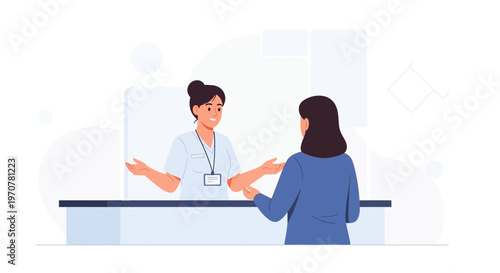 Healthcare worker assisting patient at reception desk, modern clinic illustration
