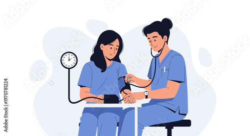 Doctor measuring patient's blood pressure with sphygmomanometer, medical checkup illustration