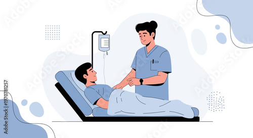 Nurse caring for patient with IV drip in hospital bed, medical illustration