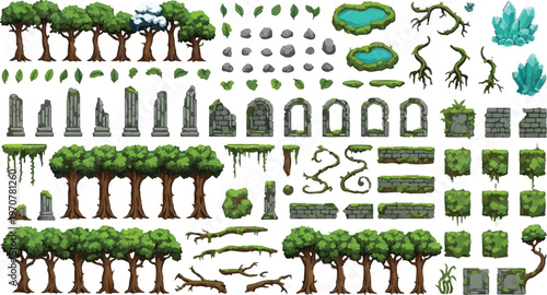 Pixel art game environment assets, 2D forest landscape elements with trees and stone ruins, fantasy world building vector set for gaming