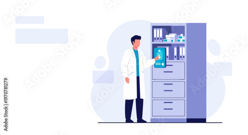 Doctor with Medical Records in Cabinet, Healthcare and Research Concept
