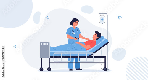 Nurse caring for patient in hospital bed with IV drip, medical illustration