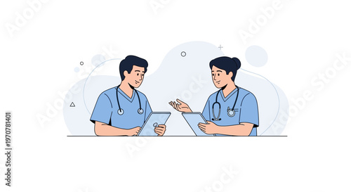 Two doctors in blue scrubs discussing medical information on tablets, modern illustration