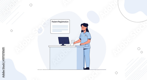 Nurse at reception desk with patient registration form and computer