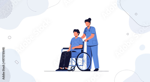Nurse pushing patient in wheelchair, healthcare, medical assistance, senior care, disability support