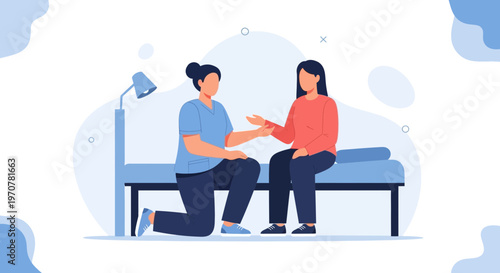 Doctor examining patient's arm, medical consultation, healthcare illustration
