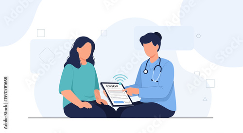 Doctor and Patient Discussing Medical Consent on Tablet