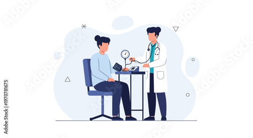 Doctor measuring patient's blood pressure with sphygmomanometer, medical checkup illustration