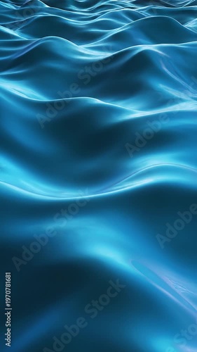 Abstract 3D digital background featuring silky, undulating waves in dark aquamarine and sky blue gradients with a smooth glossy texture, flowing liquid motion, and soft highlights.