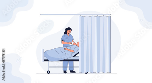 Nurse Caring for Patient in Hospital Bed with Curtain