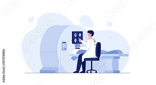 Doctor analyzing MRI scan of brain next to MRI machine and patient