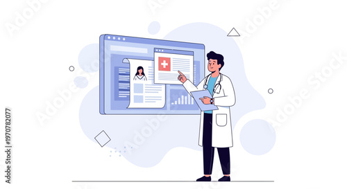 Doctor presenting medical information on a digital screen with charts and patient profile
