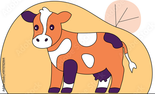 Cartoon cow with purple and white spots on yellow background standing still