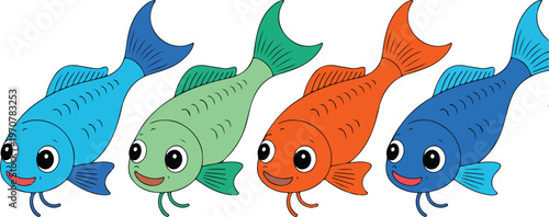 Cute cartoon koi fish illustration set with three colorful happy fish swimming side by side
