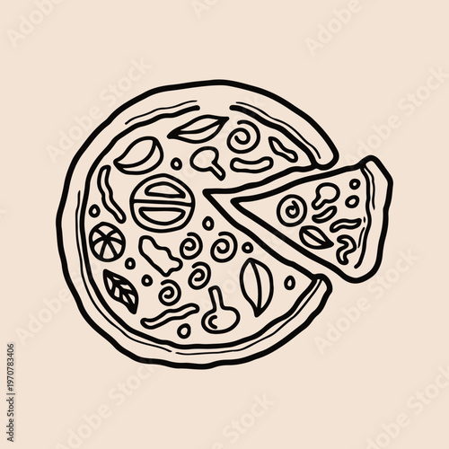 Hand drawn whole Italian pizza with slice pulled away doodle sketch vector illustration