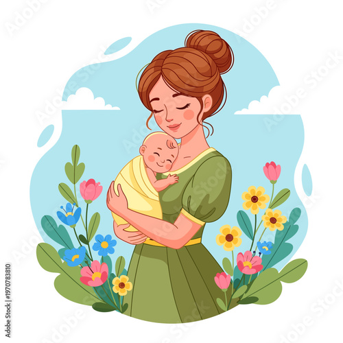A beautiful cartoon illustration of a loving mother embracing her happy baby amidst a vibrant floral garden under a clear blue sky, symbolizing maternal bond and nature.