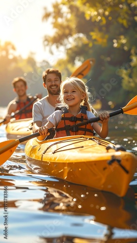 A group of people kayaking on a serene river