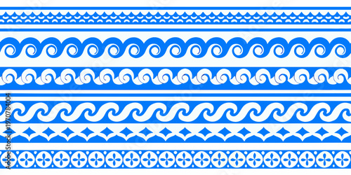Foto Seamless blue and white greek key and wave pattern background