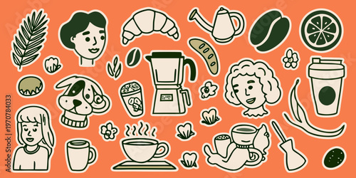 A colorful collection of breakfast and cafe themed illustrations