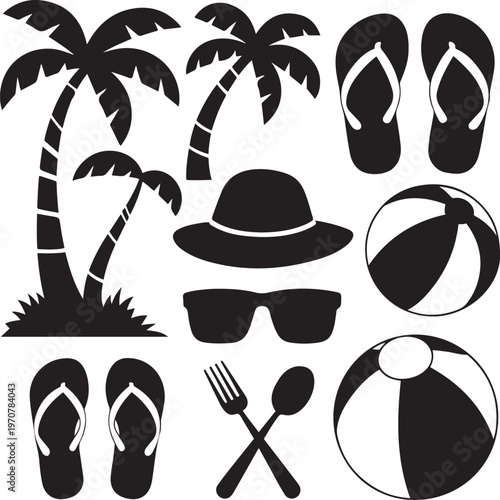 Summer Beach Vacation Icon Set Silhouette Illustration