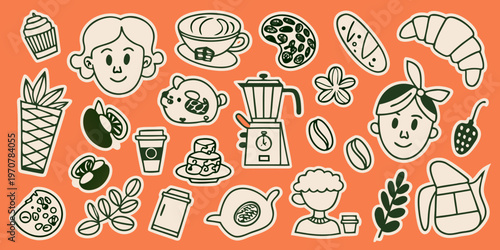 Stylized illustration of coffee pastries and cheerful character doodles