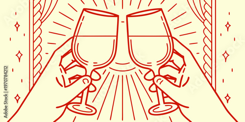 A celebratory illustration featuring two wine glasses clinking in a toast