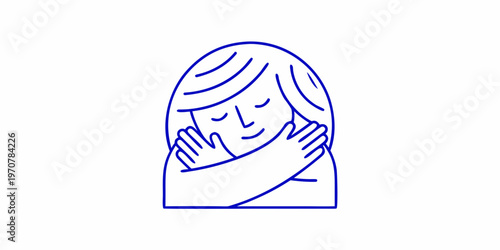 Simple line drawing of a person embracing themselves with closed eyes