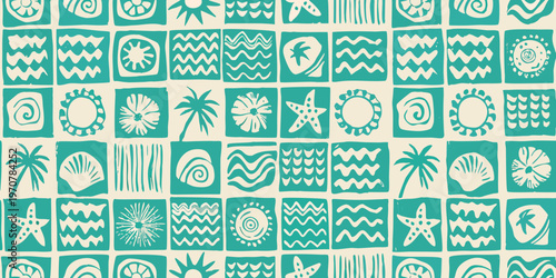 A repeating pattern of teal sea life and wave designs on cream