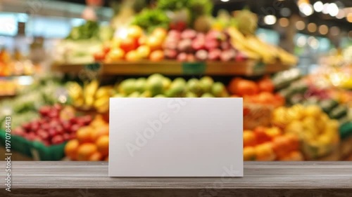 A blank white card rests on a dark wooden counter. Behind it, a vibrant, out-of-focus display of fresh oranges, grapes, bananas, and other produce fills a grocery store or market setting.