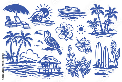 Hand Drawn Beach and Surf Doodle Vector Illustration Set with Tropical Coastal Elements, Palm Trees, Ocean Waves, Surfboards and Sun for Summer T Shirt, Poster and Print Design