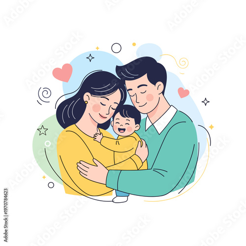 Happy family embracing their baby with love and joy, surrounded by hearts and decorative elements in a cheerful illustration.