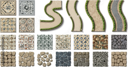 Landscape garden path textures and stone pavement tiles, 22 vector elements for architectural site plans, outdoor patio paving and walkway design