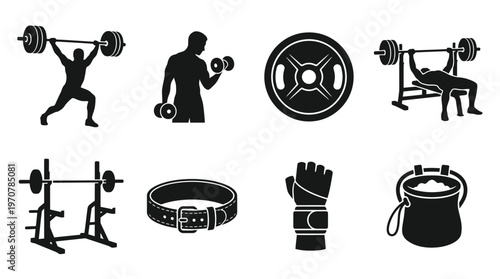Fitness Icons Vector – Barbell Lift, Dumbbell Arm, Weight Plate, Bench Press, Squat Rack, Lifting Belt, Wrist Wrap, Chalk Bag Graphic
