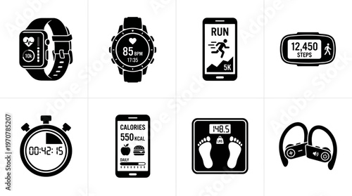 Fitness Icons Vector – Smartwatch, Heart Monitor, Smartphone App, Step Tracker, Stopwatch, Calorie Counter, Digital Scale, Headphones Graphic
