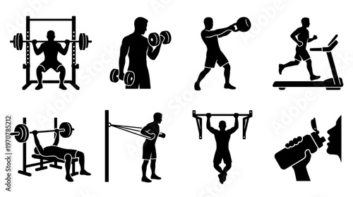 Fitness Icons Vector – Barbell Squat, Dumbbells, Kettlebell, Treadmill Running, Bench Press, Resistance Bands, Pull Ups, Water Bottle Graphic
