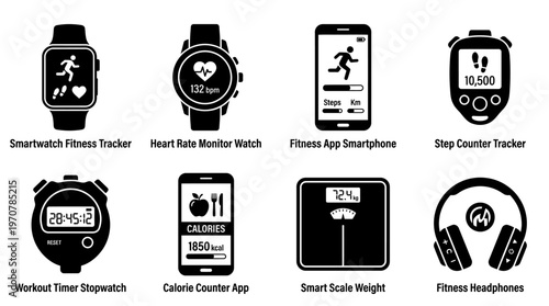 Fitness Icons Vector – Smartwatch, Heart Monitor, Smartphone App, Step Tracker, Stopwatch, Calorie Counter, Digital Scale, Headphones Graphic
