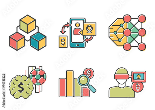 Artificial intelligence in finance icon set with machine learning algorithms digital banking neural networks virtual reality real estate analytics neural nodes and automated trading systems.