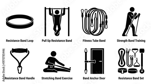 Fitness Icons Vector – Resistance Band Coil, Pull Up, Figure Eight Band, Band Row, Handle Attachment, Overhead Exercise, Door Anchor, Band Set Graphic
