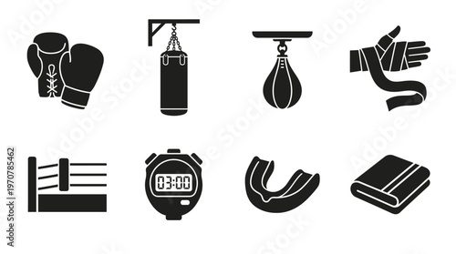 Fitness Icons Vector – Resistance Band Coil, Pull Up, Figure Eight Band, Band Row, Handle Attachment, Overhead Exercise, Door Anchor, Band Set Graphic
