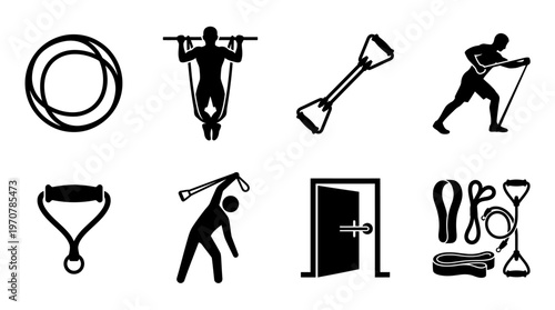 Fitness Icons Vector – Resistance Band Coil, Pull Up, Figure Eight Band, Band Row, Handle Attachment, Overhead Exercise, Door Anchor, Band Set Graphic
