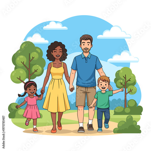 A diverse family of four, including parents and two young children, enjoys a sunny day walking together on a path through a park with trees and blue sky.