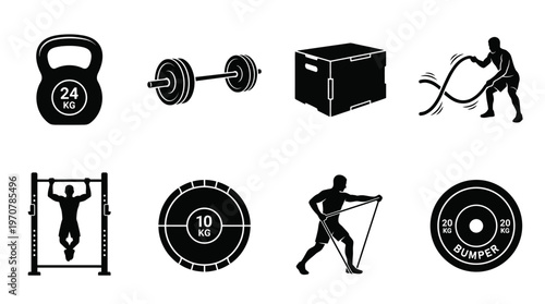 Fitness Icons Vector – Kettlebell, Barbell Lift, Box Jump, Battle Ropes, Pull Up, Clean Snatch, Resistance Sprint, Weight Plate Graphic
