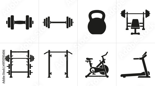 Fitness Icons Vector – Barbell, Weight Plates, Dumbbells, Kettlebell, Squat Rack, Bench Press, Lifting Belt, Chalk Bag Graphic

