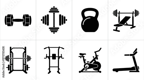 Fitness Icons Vector – Barbell, Weight Plates, Dumbbells, Kettlebell, Squat Rack, Bench Press, Lifting Belt, Chalk Bag Graphic
