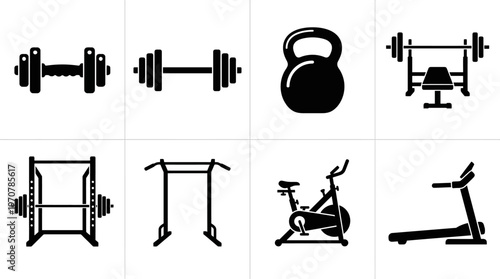 Fitness Icons Vector – Barbell, Weight Plates, Dumbbells, Kettlebell, Squat Rack, Bench Press, Lifting Belt, Chalk Bag Graphic
