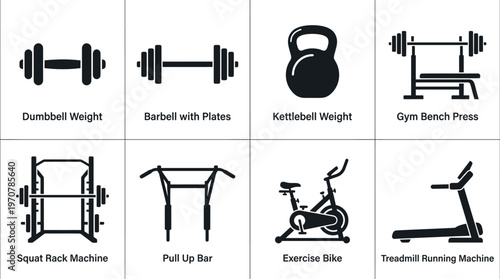 Fitness Icons Vector – Dumbbell, Barbell, Kettlebell, Treadmill, Exercise Bike, Jump Rope, Bench Press, Water Bottle Graphic
