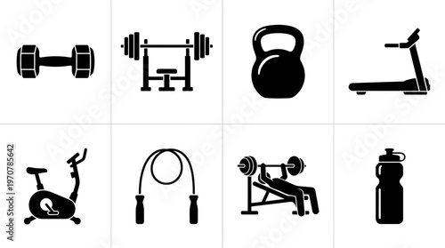Fitness Icons Vector – Dumbbell, Barbell, Kettlebell, Treadmill, Exercise Bike, Jump Rope, Bench Press, Water Bottle Graphic

