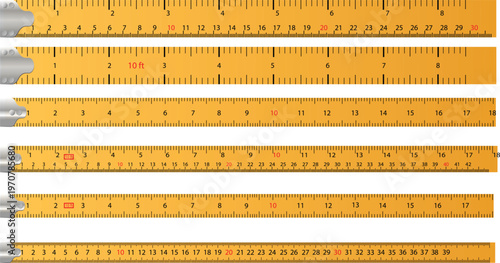 Set of wooden folding rulers with clear measurement markings in inches and centimeters, isolated vector illustration