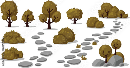 Autumn garden landscape elements, brown deciduous trees and bushes vector set, stone path walkway for park design, isolated fall foliage icons